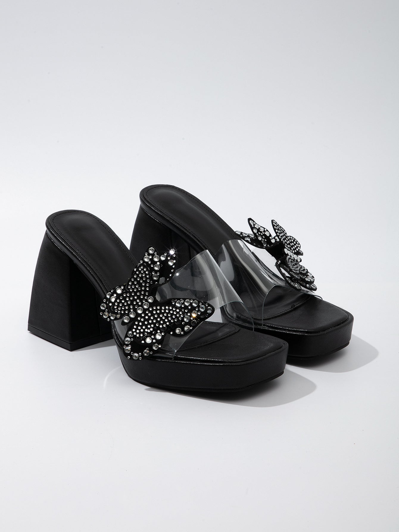 Rhinestone Bow Thick-Heeled High Heels