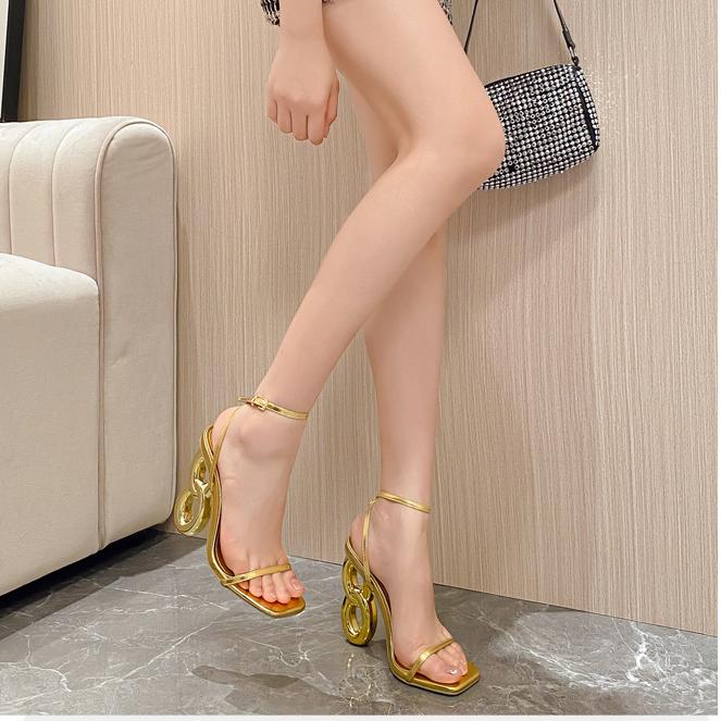 Ankle Strap Square Toe Gold Chain Heel