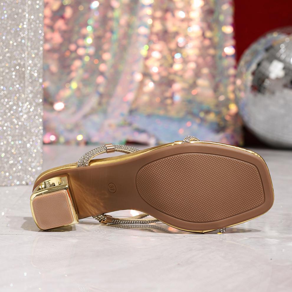 Gold high-Heeled Sandals With Shiny Rhinestones
