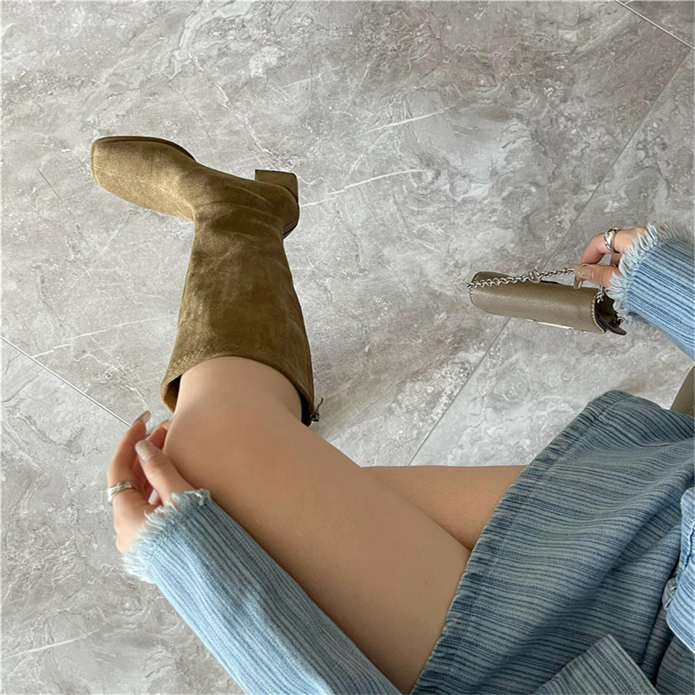 British Style Side Zipper Pointed Toe Chunky Boots