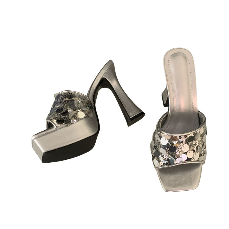 Glitter Sequin Ope Toe Platform Block Heel  Shoes