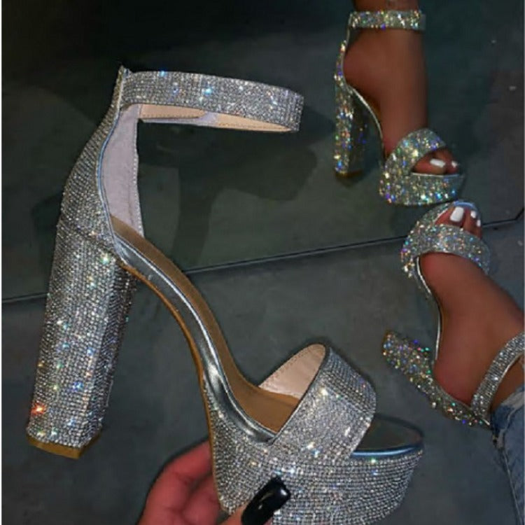 Ella Platform Chunky Heel Rhinestone Studded Ankle Strap Sandals