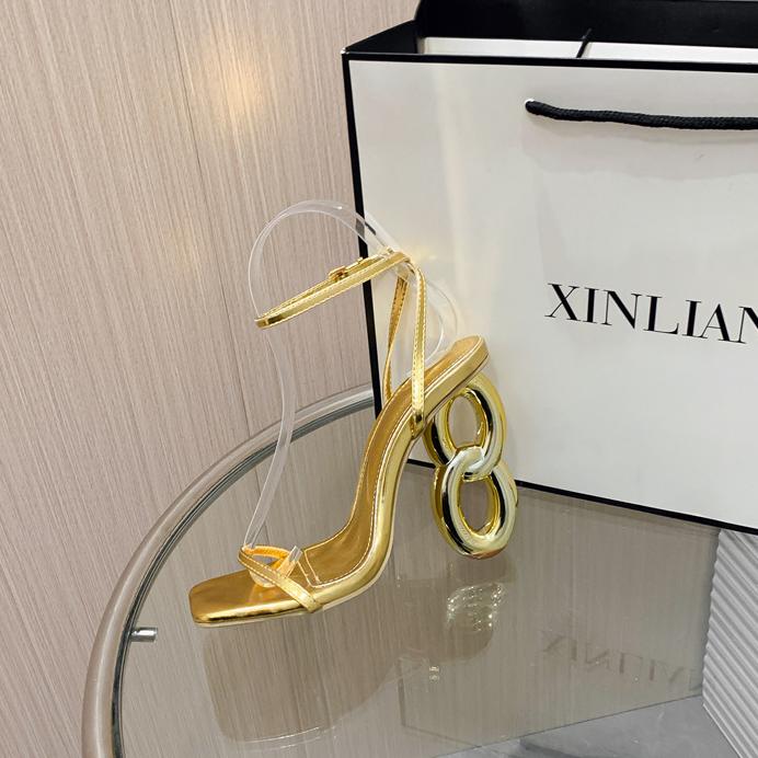 Ankle Strap Square Toe Gold Chain Heel