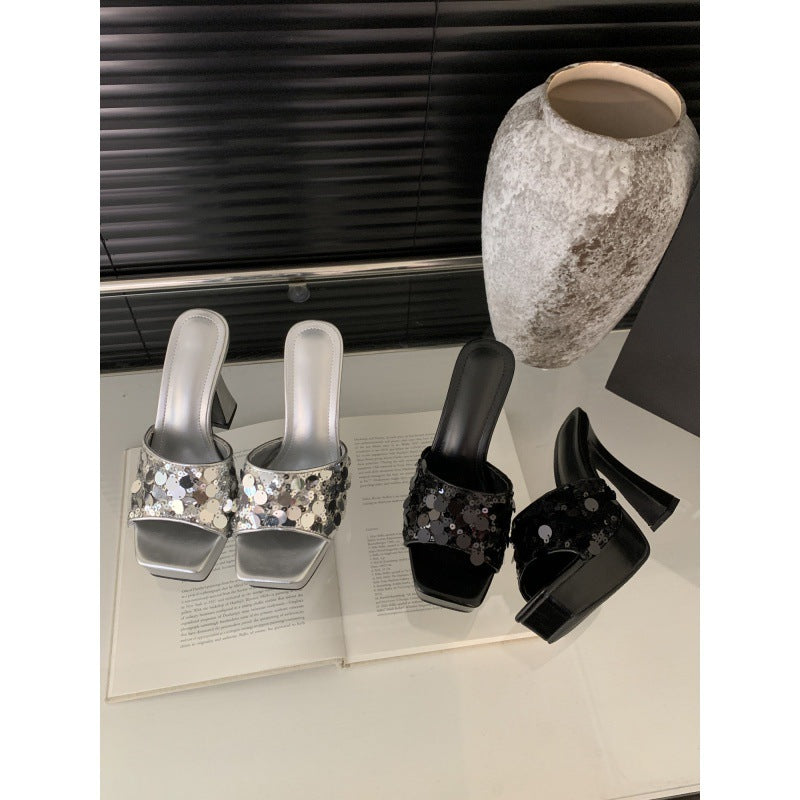 Glitter Sequin Ope Toe Platform Block Heel  Shoes