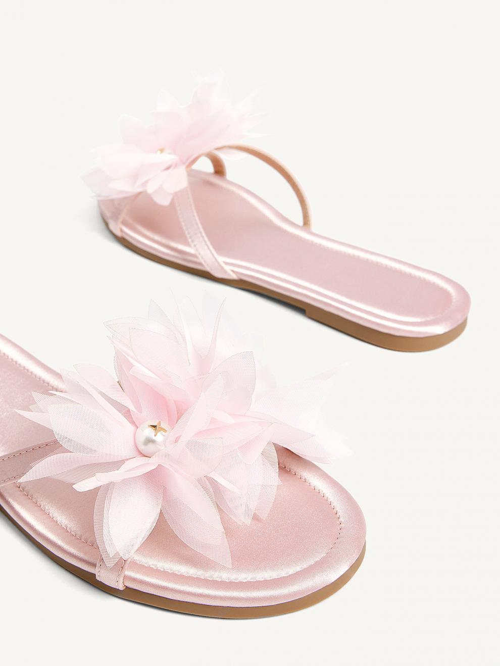 Pink Slippers With Big Flowers And Pearl Sandals