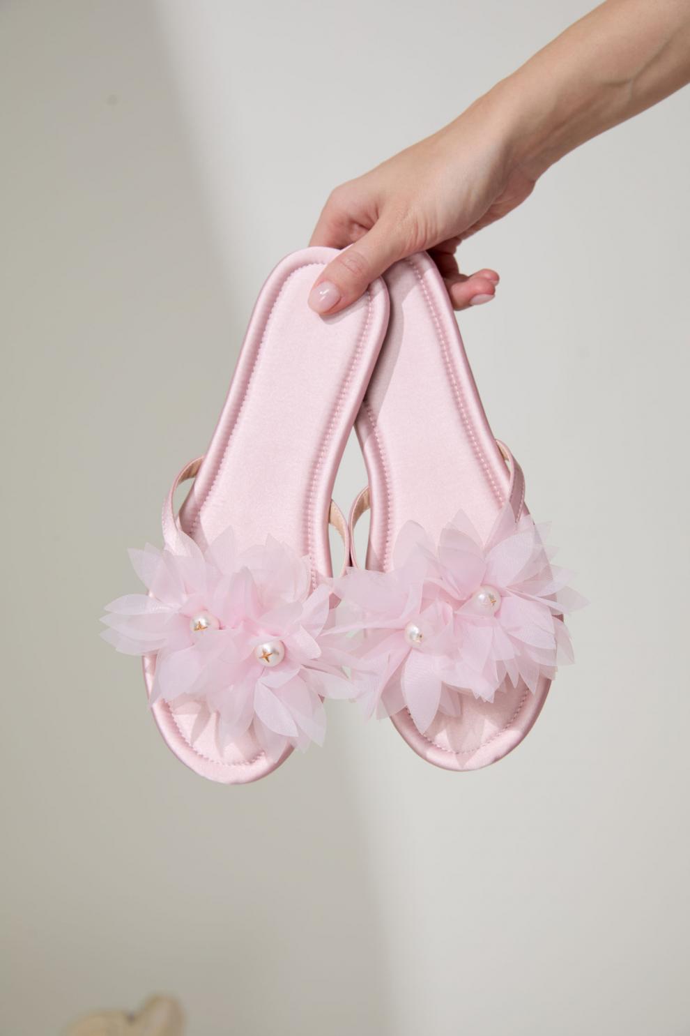 Pink Slippers With Big Flowers And Pearl Sandals