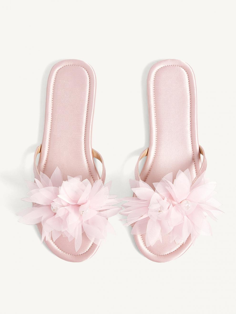 Pink Slippers With Big Flowers And Pearl Sandals