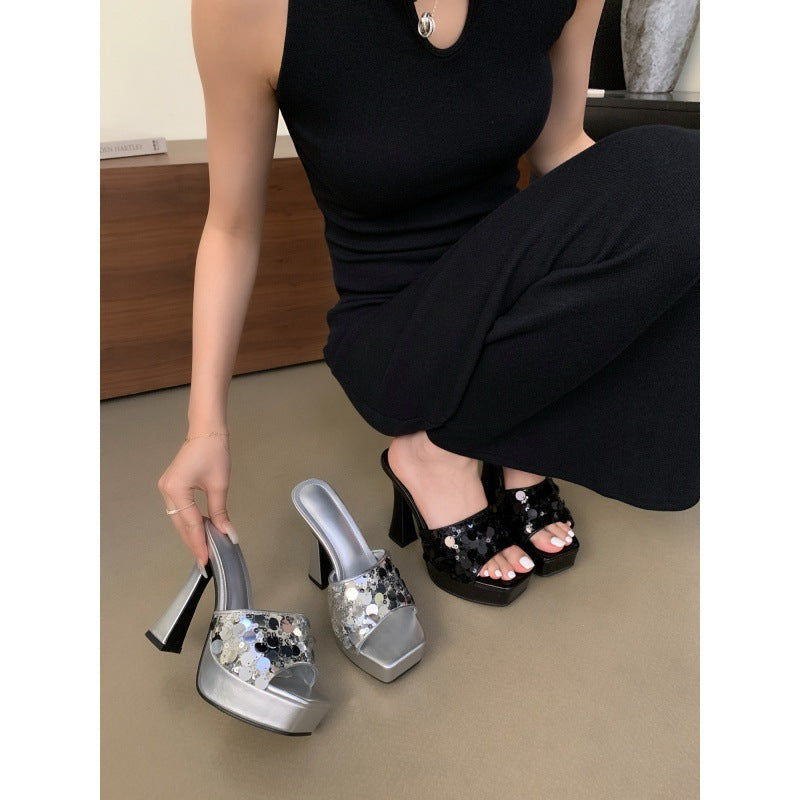 Glitter Sequin Ope Toe Platform Block Heel  Shoes