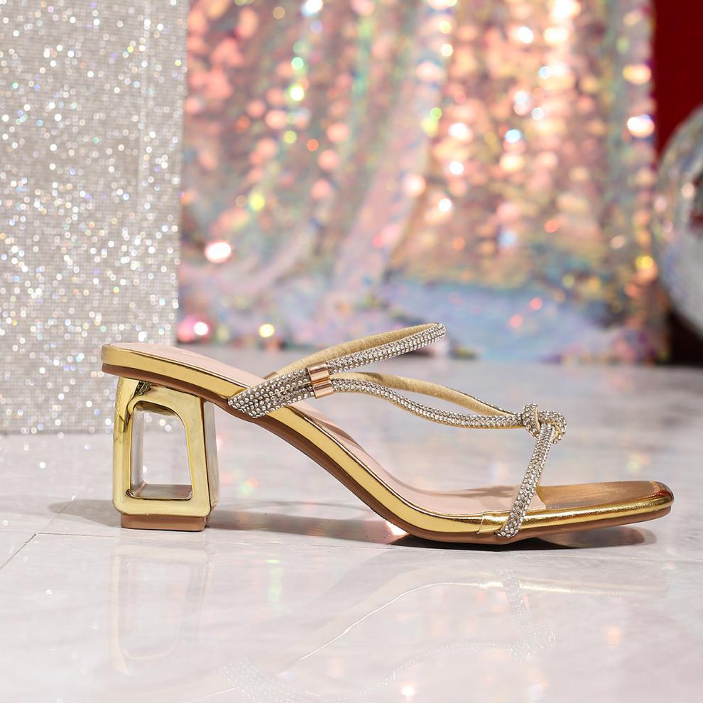 Gold high-Heeled Sandals With Shiny Rhinestones
