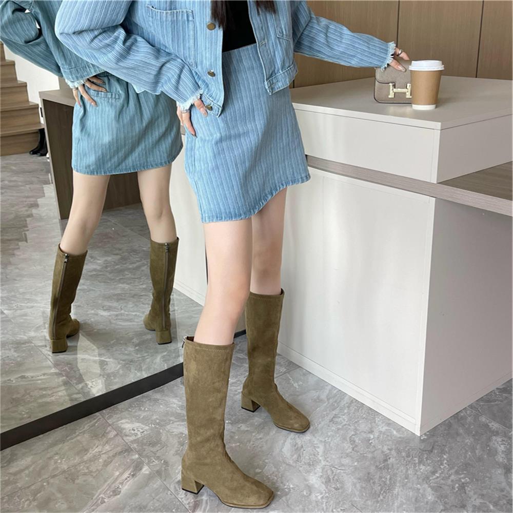 British Style Side Zipper Pointed Toe Chunky Boots