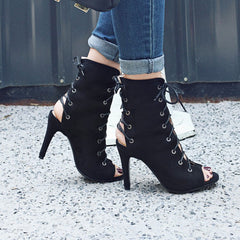 Urban Edge Lace-Up Peep-Toe Booties - Sleek and Bold for the Style-Savvy