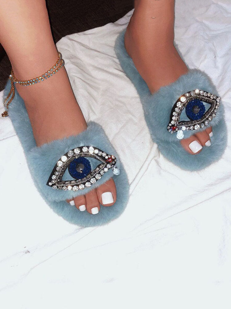 Evil Eye Rhinestone Fluffy Slides