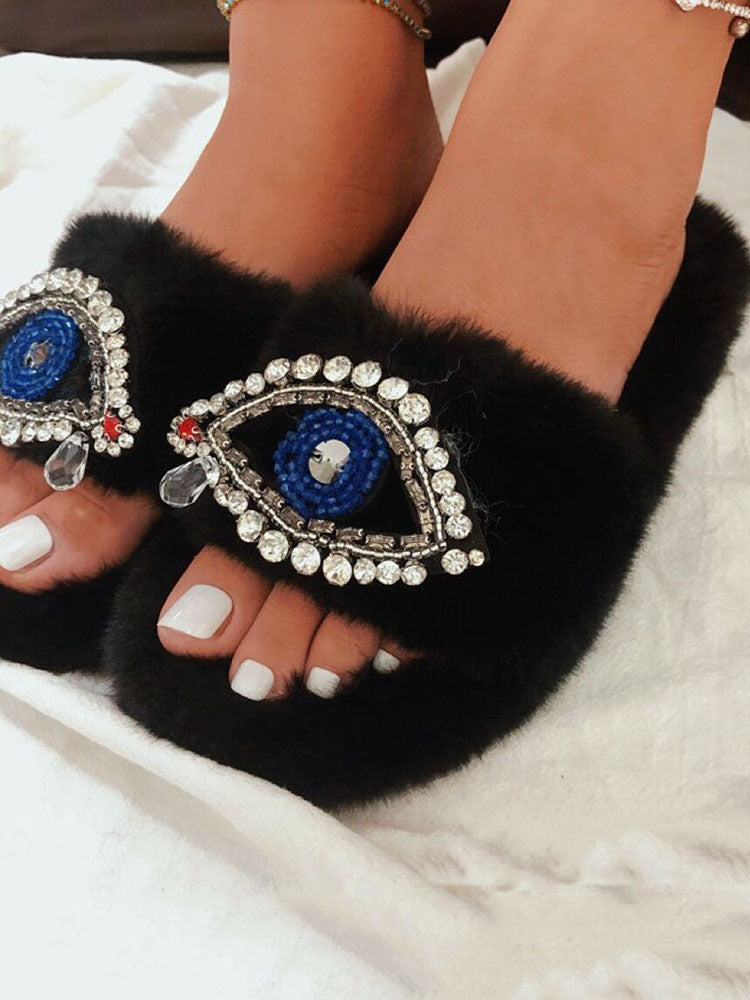 Evil Eye Rhinestone Fluffy Slides