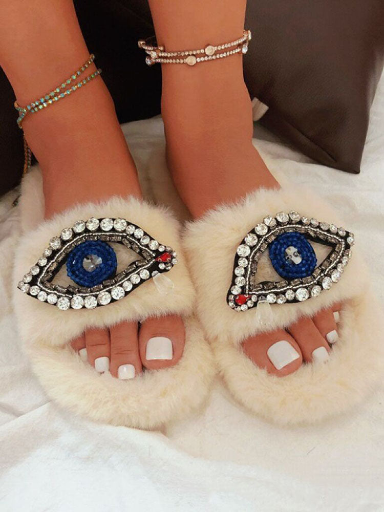 Evil Eye Rhinestone Fluffy Slides