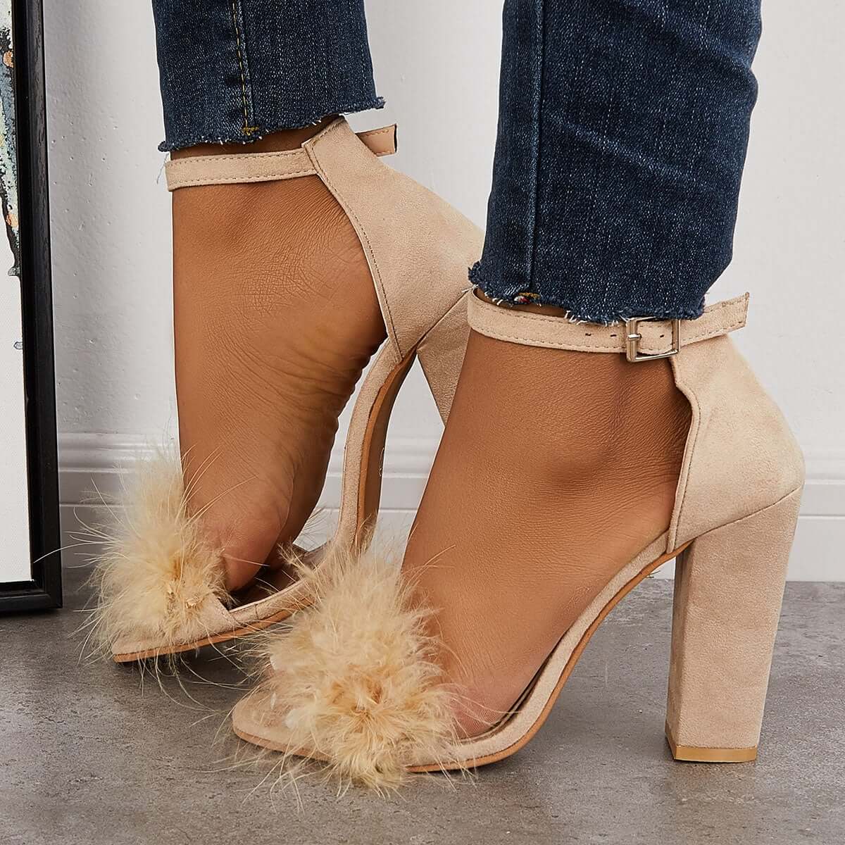 Fluffy Chunky Block High Heel Sandals Ankle Strap Dress Pumps