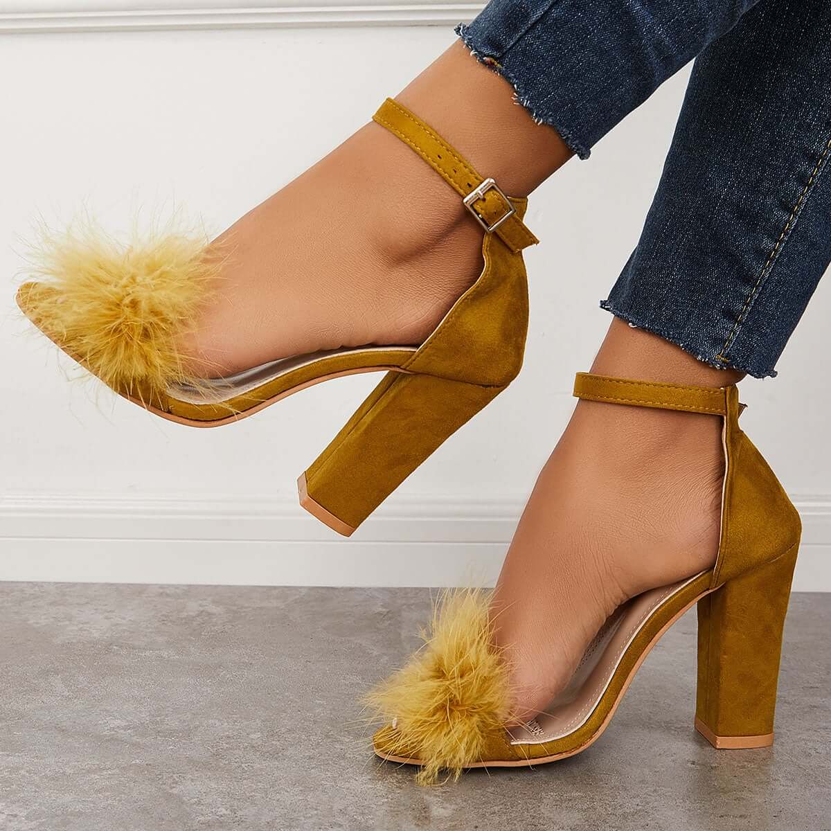 Fluffy Chunky Block High Heel Sandals Ankle Strap Dress Pumps