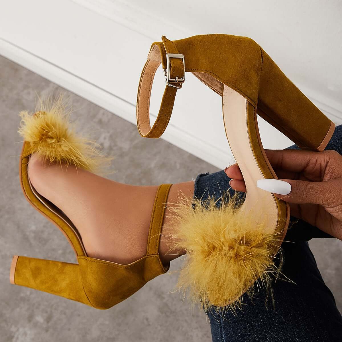 Fluffy Chunky Block High Heel Sandals Ankle Strap Dress Pumps