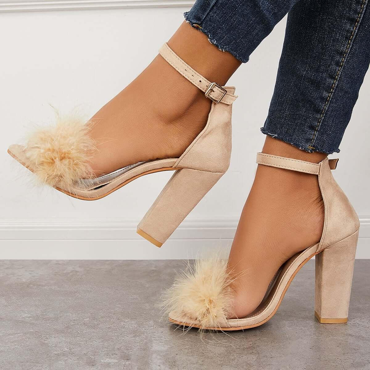 Fluffy Chunky Block High Heel Sandals Ankle Strap Dress Pumps