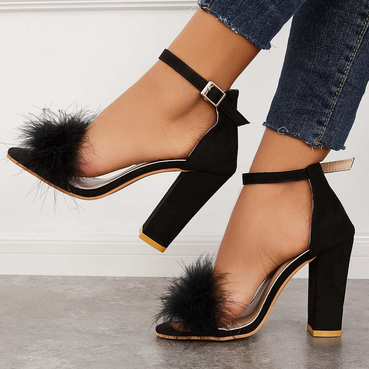 Fluffy Chunky Block High Heel Sandals Ankle Strap Dress Pumps