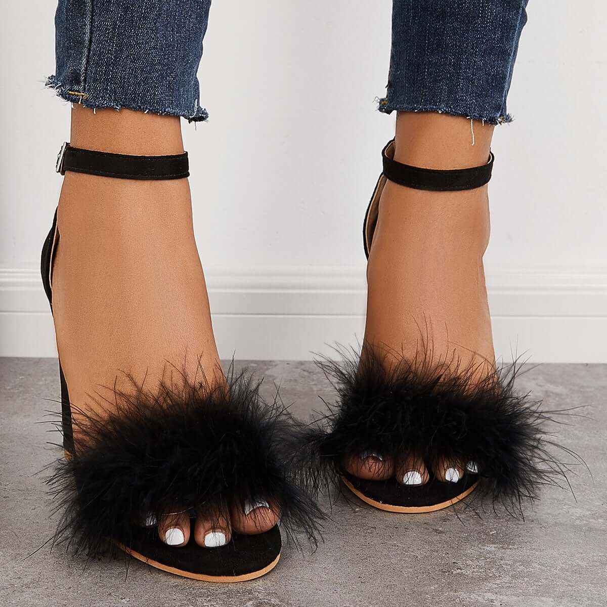 Fluffy Chunky Block High Heel Sandals Ankle Strap Dress Pumps