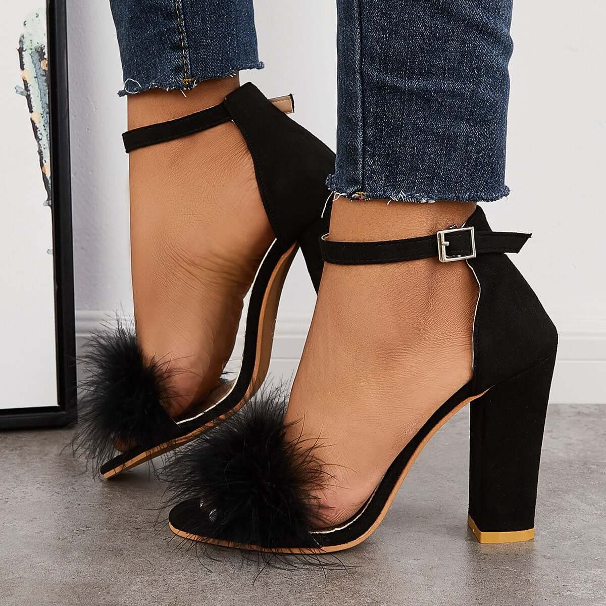 Fluffy Chunky Block High Heel Sandals Ankle Strap Dress Pumps