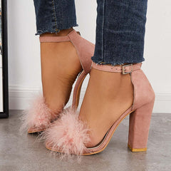 Fluffy Chunky Block High Heel Sandals Ankle Strap Dress Pumps