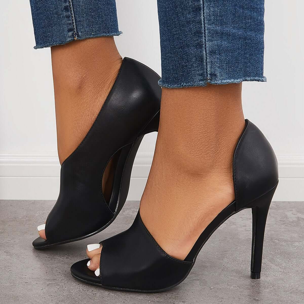 Black Cut Out Stiletto High Heels Peep Toe Dress Pumps