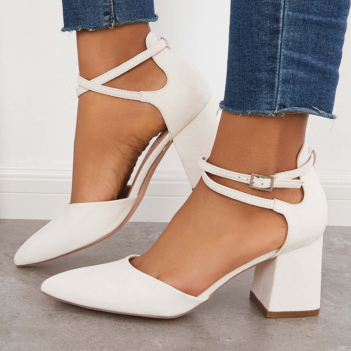 Chunky Block Low Heel Pumps Pointed Toe Ankle Strap Heels