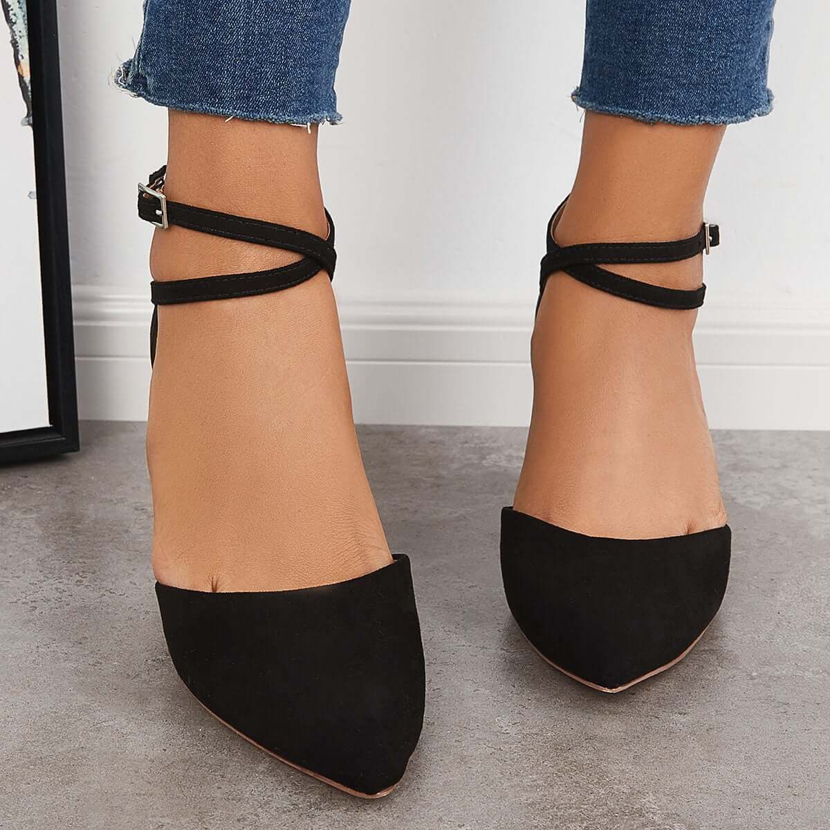 Chunky Block Low Heel Pumps Pointed Toe Ankle Strap Heels