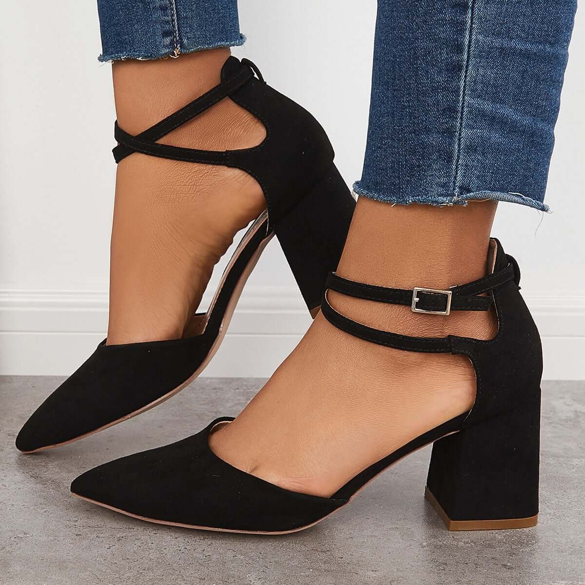 Chunky Block Low Heel Pumps Pointed Toe Ankle Strap Heels