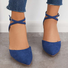 Chunky Block Low Heel Pumps Pointed Toe Ankle Strap Heels