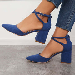 Chunky Block Low Heel Pumps Pointed Toe Ankle Strap Heels