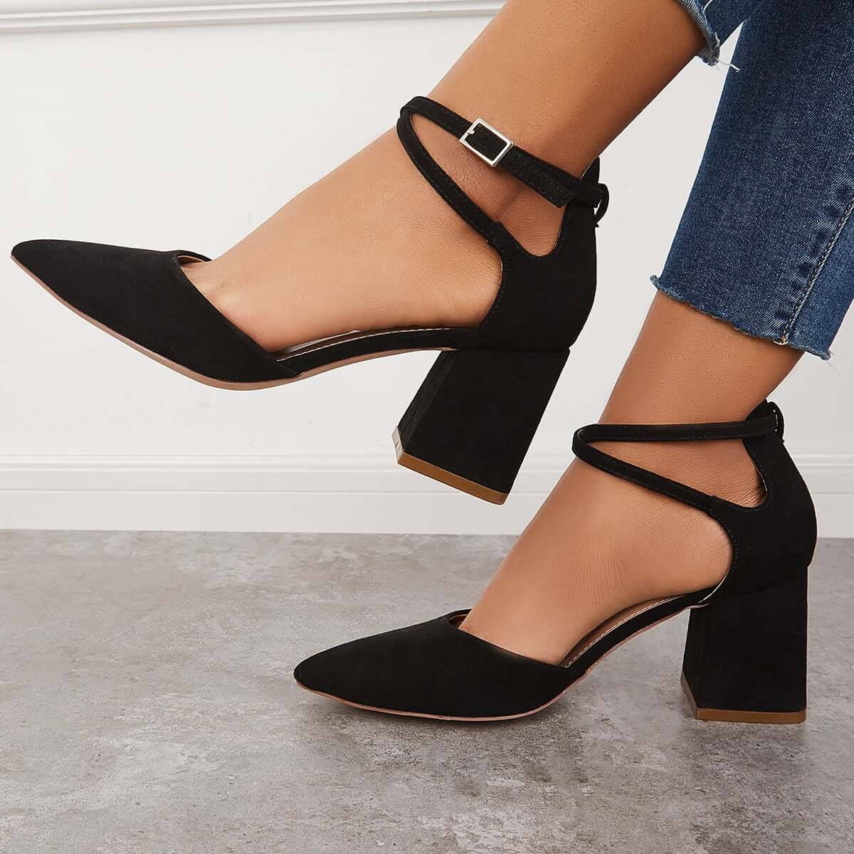 Chunky Block Low Heel Pumps Pointed Toe Ankle Strap Heels