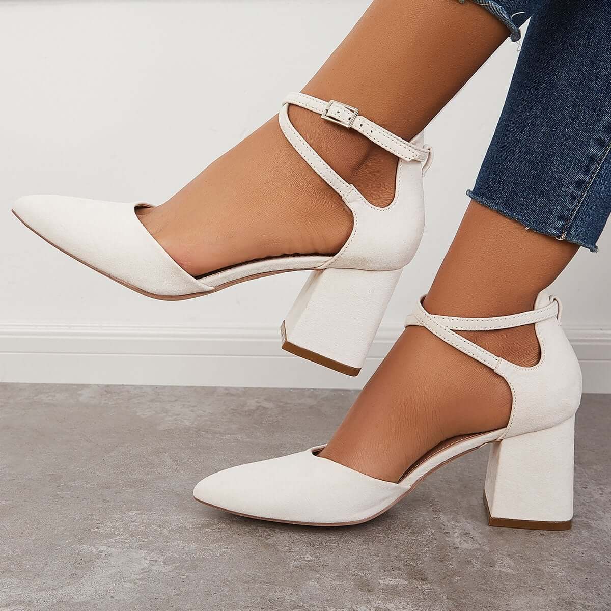 Chunky Block Low Heel Pumps Pointed Toe Ankle Strap Heels