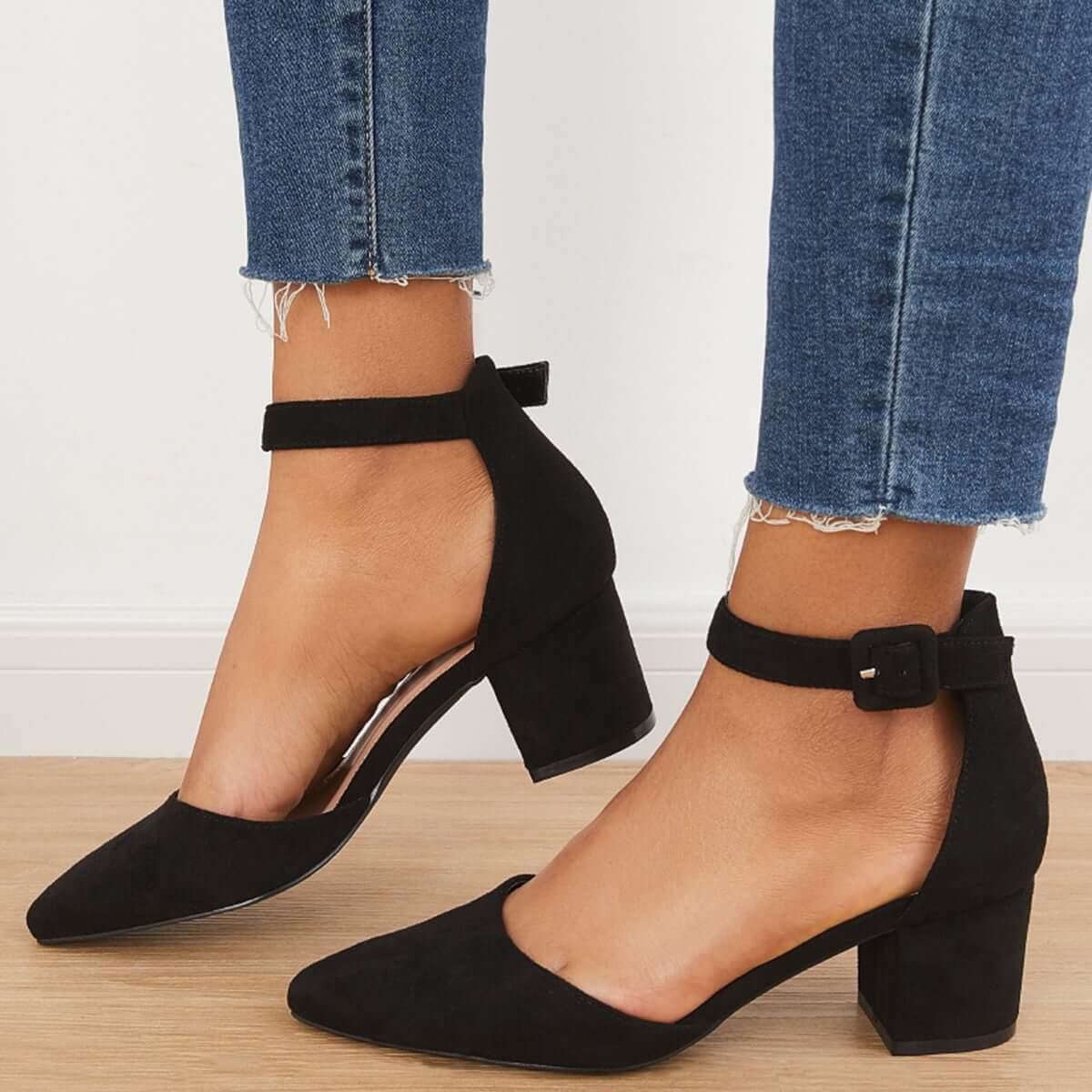 Block Low Heel Pumps Pointed Toe Ankle Buckle Strap Heels