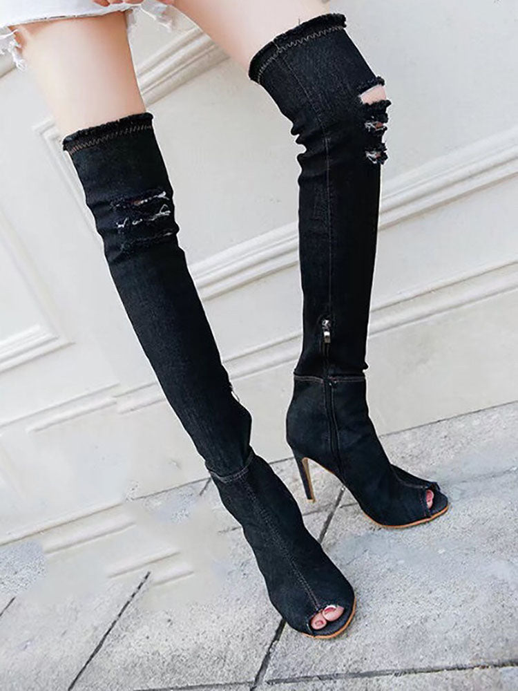 Peep Toe Over The Knee Denim Boots