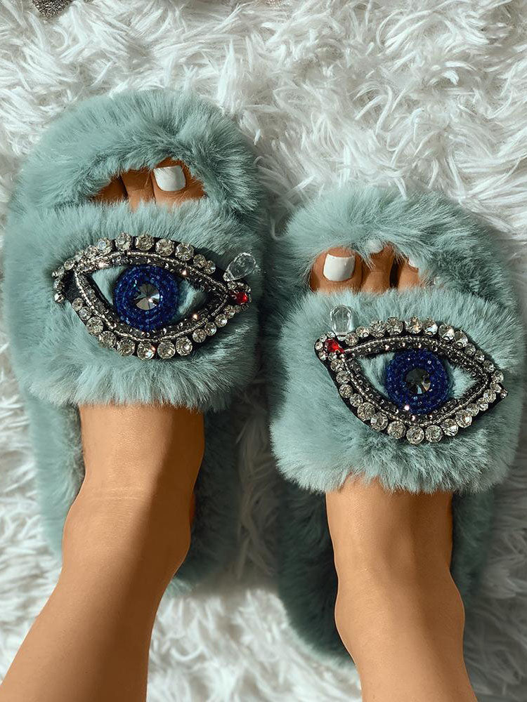 Evil Eye Rhinestone Fluffy Slides