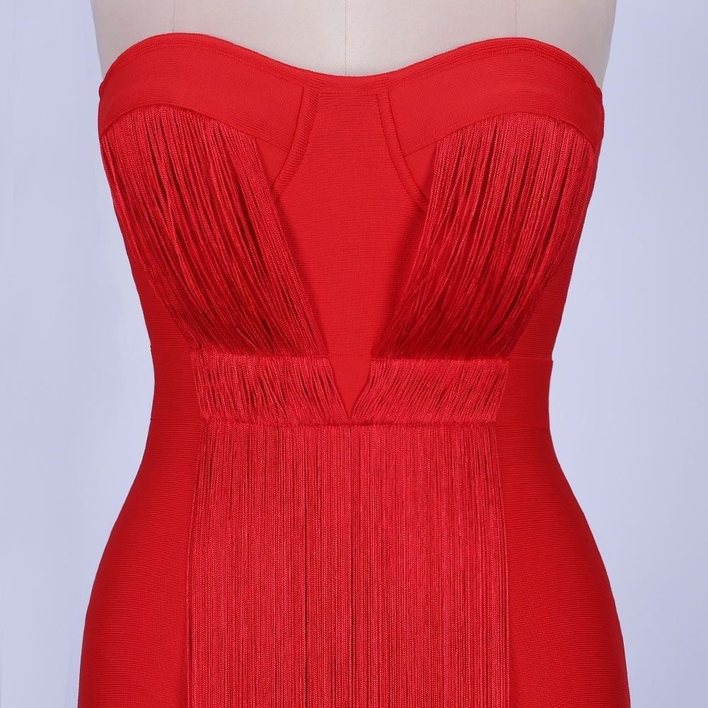 Strapless Sleeveless Tassels Over Knee Bandage Dress