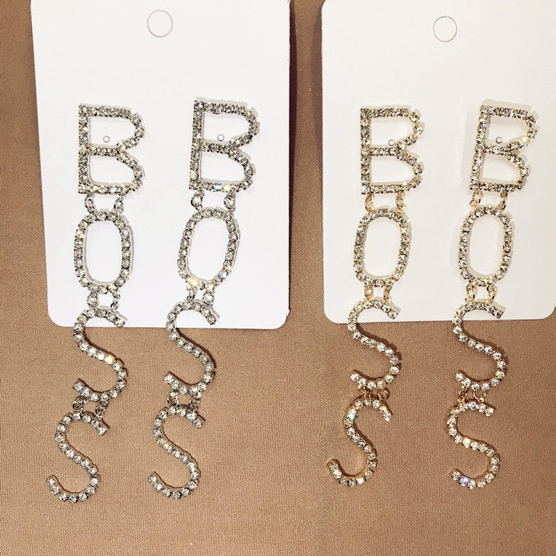 Novelty BOSS rhinestone letter earrings XG2104