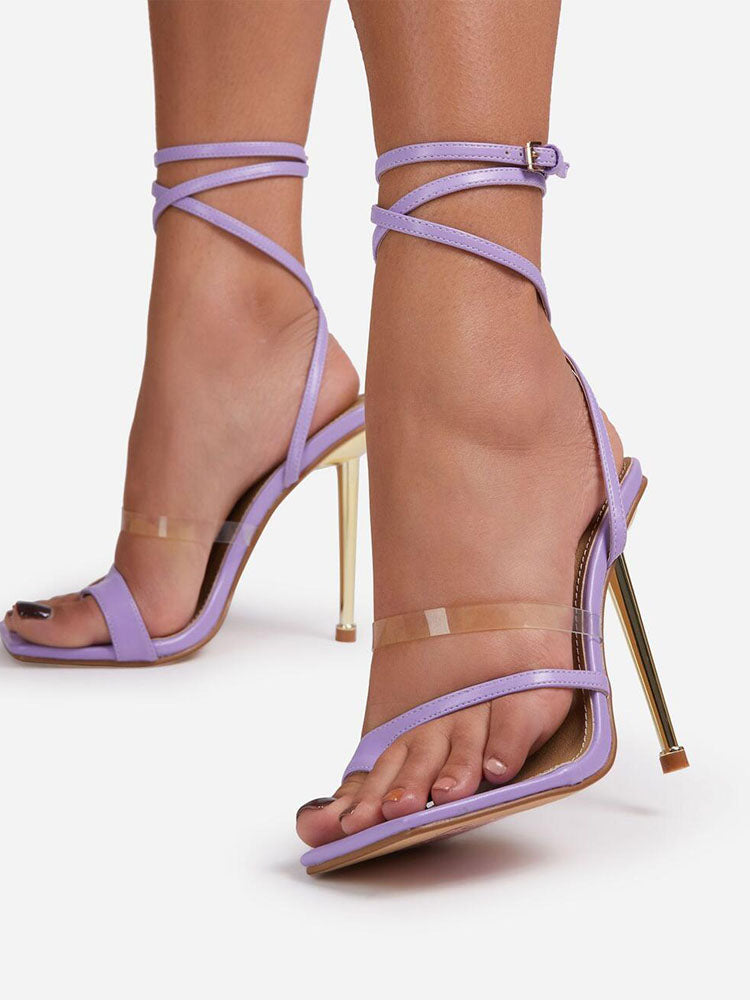 Square Toe Ankle Strap Metallic Heels