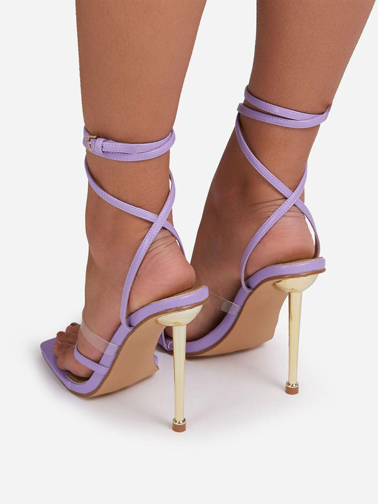 Square Toe Ankle Strap Metallic Heels