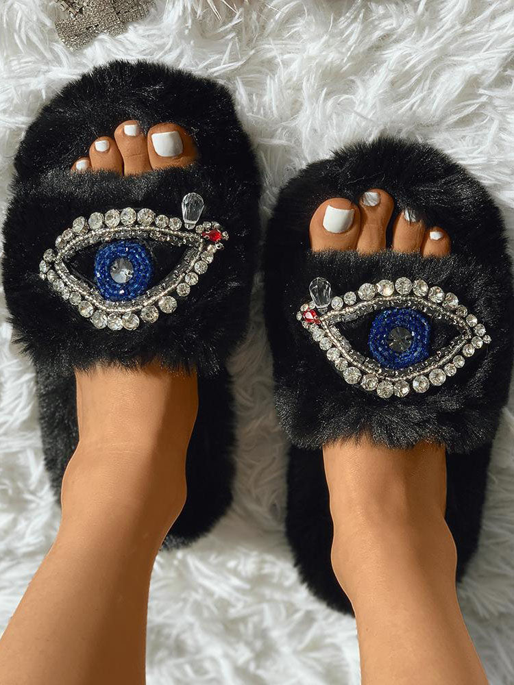 Evil Eye Rhinestone Fluffy Slides