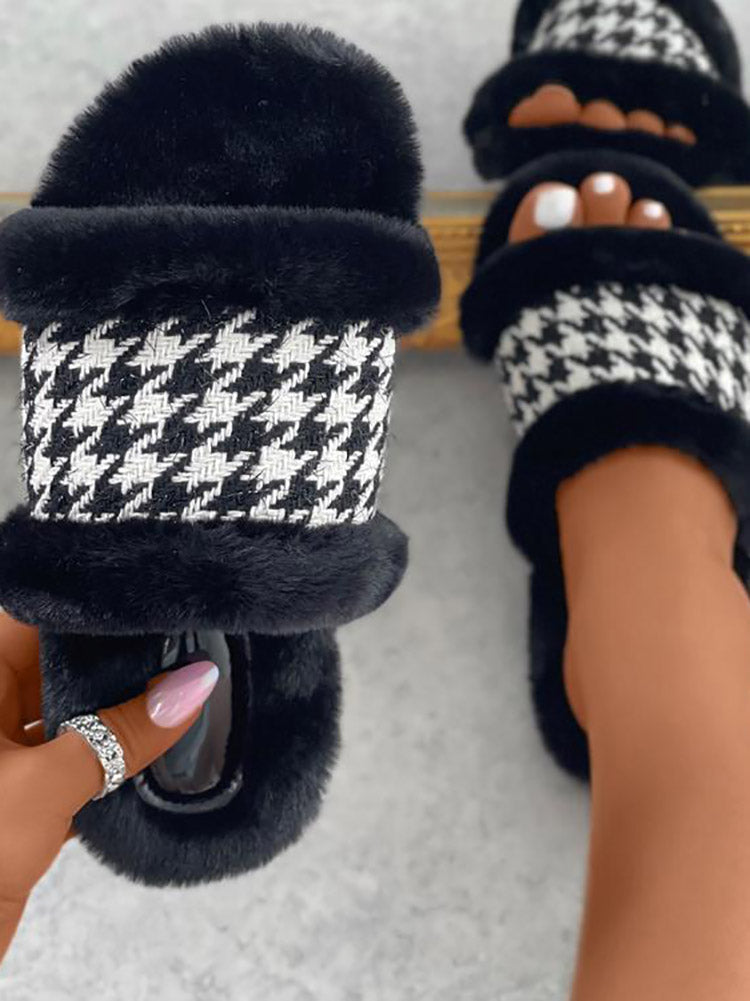 Houndstooth Fluffy Slides