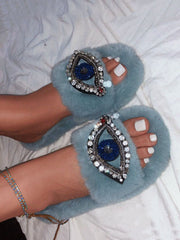 Evil Eye Rhinestone Fluffy Slides