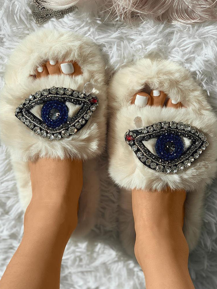 Evil Eye Rhinestone Fluffy Slides