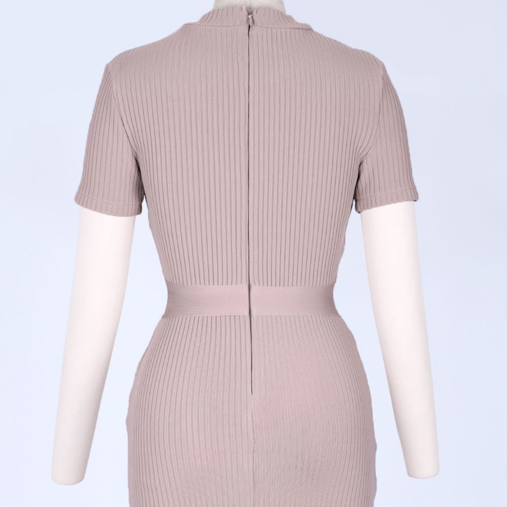 Round Neck Short Sleeve Striped Over Knee Bandage Dress