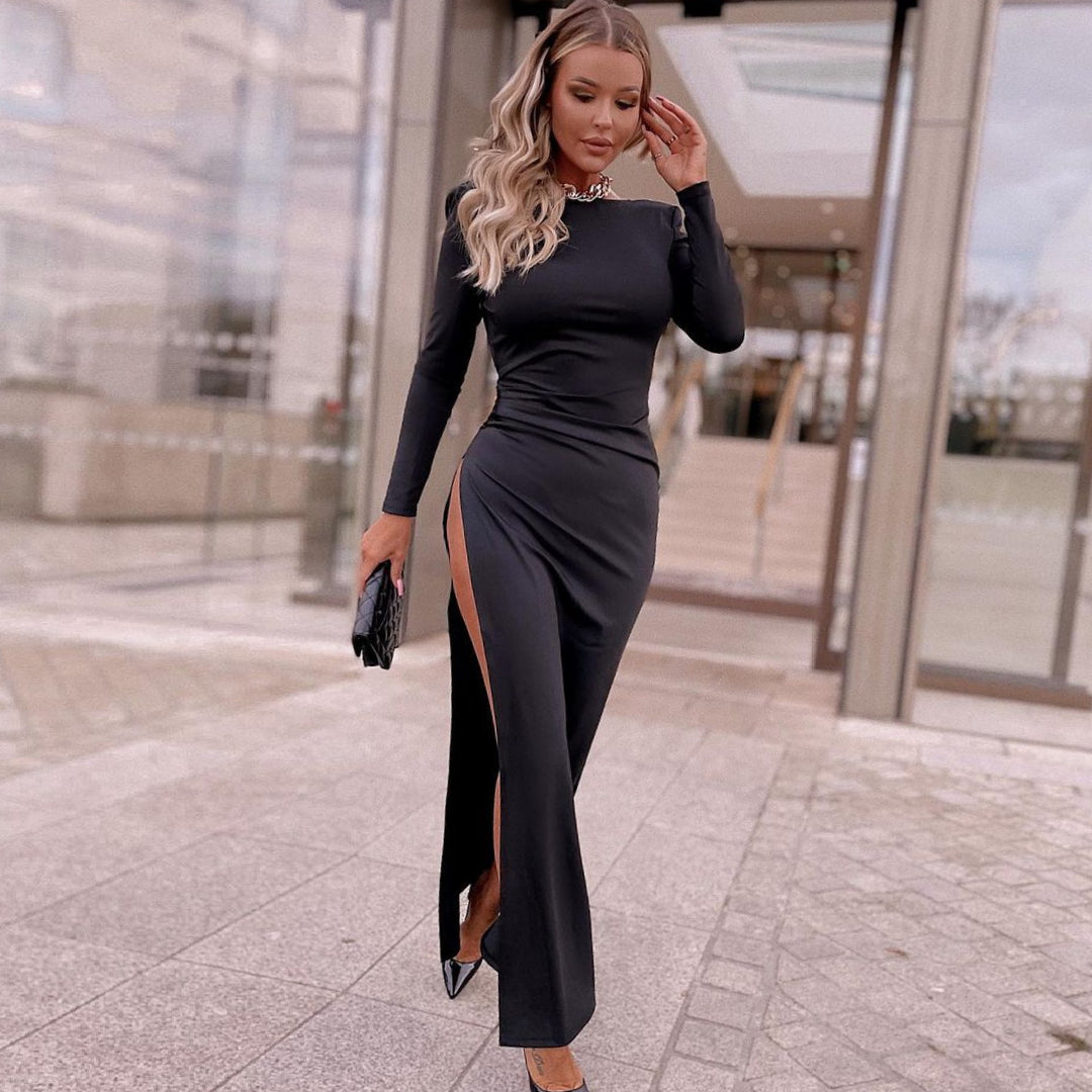 Round Neck Long Sleeve Cut Out Maxi Bodycon Dress H1729