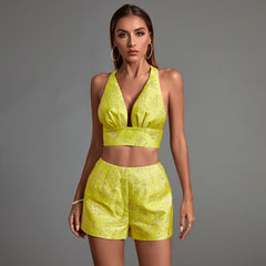 Jacquard Plunge Neckline Shorts Suit