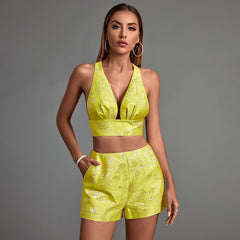 Jacquard Plunge Neckline Shorts Suit