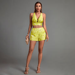 Jacquard Plunge Neckline Shorts Suit